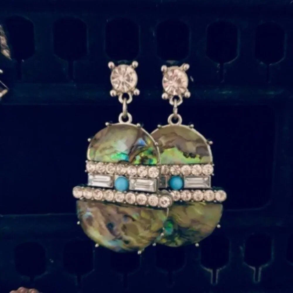 Turquoise color earrings w Rhinestones VTG Jangle earrings post back 2in long